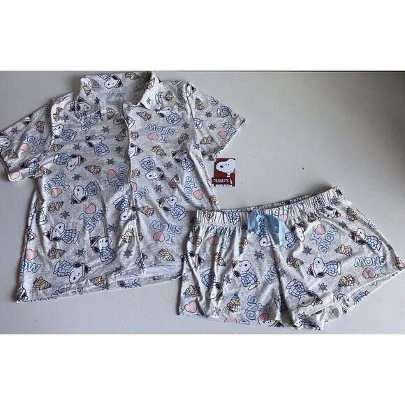 2pc Snoopy Woodstock Puffy Coat Puffer Jacket Pajama Set Shorts Women’s Sz L NEW - Picture 1 of 12